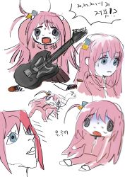  1girl blue_eyes bocchi_the_rock! brown_footwear brown_skirt character_request chibi chibi_inset ghost goguma_wagamja grey_eyes guitar highres hood hoodie instrument korean_text long_hair nervous nervous_sweating open_mouth pink_hair pink_hoodie pink_suit project_sekai sketch skirt speech_bubble suit sweat talking 