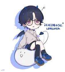 1girl absurdres asymmetrical_legwear bat_wings black_hair black_shirt black_socks black_thighhighs blue_footwear blue_hair blue_horns blue_nails character_name chibi chibi_only colored_inner_hair crossed_legs curtained_hair demon_girl earrings fang glasses grey_sweater half-closed_eyes heart heart_tail highres horns ichinose_uruha jewelry lupinus_virtual_games multicolored_hair open_mouth shadow shirt shoes short_hair simple_background simuyutou single_thighhigh sitting small_horns sneakers socks squeans streaked_hair sweater sweater_tucked_in tail thigh-highs thigh_strap turtleneck turtleneck_sweater violet_eyes virtual_youtuber vspo! white_background wings 