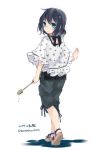  1girl :o alternate_costume aqua_eyes black_hair black_pants black_ribbon contemporary from_behind full_body ladle looking_at_viewer looking_back murasa_minamitsu pants ribbon sandals short_hair simple_background solo standing touhou toutenkou water_drop white_background 