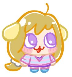  1girl :3 ahoge animal_ears bemani bkub blue_footwear blue_shirt blush_stickers brown_hair chibi chibi_only dog_ears fang full_body hair_ornament hair_scrunchie leg_warmers long_hair long_sleeves looking_up low-tied_long_hair multicolored_shirt open_mouth pink_leg_warmers pink_shirt pochiko_(pop&#039;n_music) pop&#039;n_music purple_shirt purple_shorts scrunchie shirt shoes shorts simple_background solo striped_clothes striped_shirt very_long_hair violet_eyes white_background white_scrunchie 