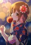  1boy ball blush brown_eyes brown_hair candy_apple crossdressinging festival fireworks flower hair_flower hair_ornament hairclip japanese_clothes jewelry kimono lewisia_2 looking_at_viewer original ring short_hair solo trap yukata 