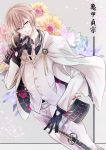  1boy armor black_gloves blonde_hair cape flower glasses gloves grey_eyes japanese_armor katana kikkou_sadamune male_focus necktie personification petals rio_(e2759) smile sode solo sword touken_ranbu weapon 