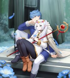  1boy 1girl ;) absurdres belt black_belt black_pantyhose blue_eyes blue_flower blue_hair blurry blurry_background boots brown_footwear cape capelet casting_spell chinese_commentary closed_mouth commentary_request dress earrings elf eyelashes field flower flower_field flower_wreath foot_out_of_frame frieren full_body green_eyes grey_hair head_wreath highres himmel_(sousou_no_frieren) holding holding_staff jewelry knees_up leaning_back leaning_on_person legs_together long_hair long_sleeves looking_at_another mage_staff mole mole_under_eye one_eye_closed pants pantyhose parted_bangs parted_lips pointy_ears short_dress short_hair sitting sitting_between_lap smile sousou_no_frieren staff statue thick_eyebrows thighs tsurime twintails white_cape white_capelet white_dress white_pants wide_sleeves wish-tf 