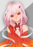  1girl bare_shoulders breasts center_opening cleavage detached_sleeves elbow_gloves fingerless_gloves gloves guilty_crown hair_ornament hairclip head_tilt highres ki_dorothy long_hair looking_at_viewer pink_hair red_eyes solo twintails yuzuriha_inori 