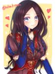  1girl blue_eyes blue_gloves blush brown_hair dress elbow_gloves fate/grand_order fate_(series) gloves heart highres leonardo_da_vinci_(fate/grand_order) long_hair puffy_sleeves smile solo tanaji twitter_username 