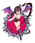  00s 1girl androgynous bat bat_wings blue_eyes boots breasts brown_hair collarbone fangs frills full_body lady_bat long_hair looking_at_viewer mermaid_melody_pichi_pichi_pitch ponytail simple_background slit_pupils small_breasts solo tongue tongue_out v-neck wings wntame 
