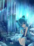  1girl adapted_costume between_legs blue blue_eyes blue_hair blurry bow cirno dress hair_bow hand_between_legs head_tilt highres ice ice_wings icicle looking_at_viewer no_pupils open_mouth popsicle scenery short_hair sitting sleeveless sleeveless_dress snow snowflakes snowing soaking_feet solo ti_owo touhou wings winter 