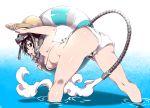  1girl arizuka_(catacombe) ass bent_over bikini black_eyes black_hair breasts hat highres innertube looking_back mechanical_tail original partially_submerged shorts solo straw_hat striped striped_bikini swimsuit tail under_boob water 