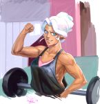  1girl barbell biceps breasts circlet clenched_hand commentary dark_skin diepod facial_mark female fist_pump hyakujuu-ou_golion medium_breasts muscle pointy_ears princess_allura short_hair sidelocks smile tank_top upper_body voltron:_legendary_defender weights white_hair 