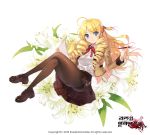  2015 ahoge blonde_hair blue_eyes brown_shoes brown_skirt drill_hair flower full_body guinevere_(kaku-san-sei_million_arthur) hair_tie jacket kai-ri-sei_million_arthur kaku-san-sei_million_arthur legs_crossed lily_(flower) long_hair looking_at_viewer million_arthur_(series) official_art pantyhose paper pen penny_loafers shoes shuen skirt watermark 