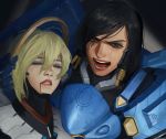  2girls black_hair blonde_hair blood blood_from_mouth brown_eyes cradling_head crying dark_skin eye_of_horus eyeliner eyeshadow facial_tattoo hair_between_eyes hair_tubes high_ponytail highres lips lipstick long_hair looking_at_viewer makeup mechanical_halo mercy_(overwatch) messy_hair multiple_girls nose open_mouth overwatch parted_lips pharah_(overwatch) power_armor red_lipstick side_braids streaming_tears tattoo tears tony_sun unfinished upper_body 