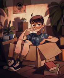  1girl :t absurdres ahoge androgynous bandaid bandaid_on_knee bandaid_on_leg black_footwear blue_shirt blush book book_stack box brown_eyes brown_hair brown_theme buttons cardboard_box choker closed_mouth collared_shirt commentary earrings english_commentary flat_chest floral_print friedbaens full_body glasses hand_up highres in_box in_container indoors jewelry original plant potted_plant print_shirt ribbed_socks round_eyewear shirt shoelaces shoes short_hair short_sleeves signature single_earring sitting sneakers socks solo succulent_plant suspenders wooden_floor 