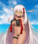  1girl absurdres ahoge arms_behind_back asamura_hiori bangs black_swimsuit breasts choker cleavage closed_mouth clouds cloudy_sky collarbone cowboy_shot eyebrows_visible_through_hair fate/grand_order fate_(series) hair_between_eyes highres long_hair looking_at_viewer okita_souji_(alter)_(fate) okita_souji_(fate)_(all) outdoors shiny shiny_skin sky solo standing swimsuit tassel thigh_strap white_hair yellow_eyes 