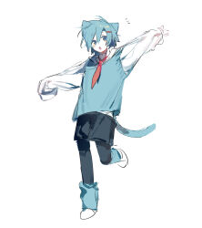  1boy animal_ears arm_up black_pantyhose black_shorts blue_footwear blue_sweater_vest boots cat_ears cat_tail highres mou_huanjun mouyimouyi necktie open_mouth pantyhose real_life red_necktie shirt shorts simple_background solo standing standing_on_one_leg sweater_vest tail white_background white_shirt 