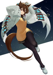  1girl agnes_tachyon_(umamusume) ahoge animal_ears black_necktie black_pantyhose black_shirt blurry blurry_background boots breasts brown_hair brown_tail buttons chemical_structure collared_shirt earrings full_body hair_between_eyes high_heel_boots high_heels highres horse_ears horse_girl horse_tail jewelry kotatsu_(_nekotatsu_) lab_coat leg_up medium_breasts medium_hair messy_hair necktie pantyhose red_eyes shirt short_necktie single_earring sleeves_past_wrists solo star_(sky) sweater tail test_tube umamusume very_long_sleeves white_background white_footwear wide_sleeves yellow_sweater 