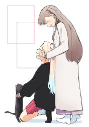  2girls absurdres animal black_cat black_footwear black_jacket blonde_hair blue_hair boots brown_hair cat coat commentary fang flower fujishima_megumi fujishima_megumi_(osanpo_nikki) full_body gradient_hair grey_skirt grin hair_flower hair_ornament hand_on_another's_cheek hand_on_another's_face hasu_no_sora_jogakuin_school_idol_club_osanpo_nikki highres holding holding_animal holding_cat jacket kneeling link!_like!_love_live! long_hair long_skirt long_sleeves love_live! medium_skirt mendo_(mend0o0_) multicolored_hair multiple_girls osawa_rurino osawa_rurino_(osanpo_nikki) pink_flower pink_skirt profile shoes simple_background skirt sleeves_past_wrists smile socks standing teeth twintails two_side_up upper_teeth_only virtual_youtuber white_background white_coat white_footwear white_socks 
