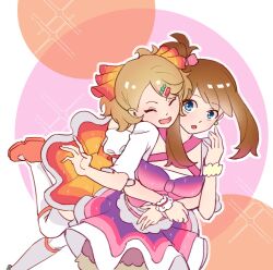  2girls :d :o blonde_hair blue_eyes bracelet brown_hair closed_eyes commentary_request earrings fjne5534 hair_ornament hair_ribbon hairclip hand_up hug hug_from_behind jewelry may_(pokemon) multiple_girls one_side_up open_mouth orange_footwear outline overskirt pokemon pokemon_(anime) pokemon_journeys ribbon serena_(pokemon) shirt shoes smile thigh-highs white_shirt white_thighhighs wrist_cuffs 