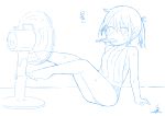  1girl absurdres bangs bare_legs barefoot blue breasts electric_fan highres monochrome mouth_hold original popsicle short_shorts shorts signature sitting sketch small_breasts solo sweat topless towel towel_around_neck tsukigi twintails 