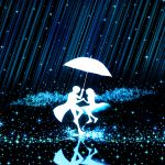  1boy 1girl from_side harada_miyuki looking_at_another monochrome night outdoors rain stars tagme umbrella 