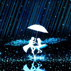  1boy 1girl from_side harada_miyuki looking_at_another monochrome night outdoors rain stars tagme umbrella 