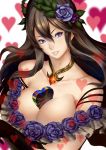  &gt;:) 1girl bare_shoulders blue_eyes box breast_hold breasts brown_gloves brown_hair chocolate chocolate_heart cleavage collarbone flower gift gift_box gloves granblue_fantasy hair_between_eyes hair_flower hair_ornament heart highres jewelry large_breasts long_hair looking_at_viewer parted_lips pendant purple_rose rose rosetta_(granblue_fantasy) shimashima_(pixiv3696209) shimashima_(simasima_23) sidelocks smile solo upper_body 