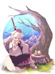  1girl animal_ears bare_shoulders detached_sleeves fang food hat highres inubashiri_momiji ko_kita leaf maple_leaf open_mouth pom_pom_(clothes) red_eyes shield short_hair silver_hair sitting solo sword tail tokin_hat touhou weapon white_hair wide_sleeves wolf_ears wolf_tail 