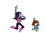  :3 androgynous animated animated_gif brown_hair dancing expressionless frisk_(undertale) hair_over_one_eye mettaton mettaton-ex mettaton_ex pointing robot shirt shorts striped striped_shirt undertale unoobang white_background 