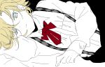  1boy blonde_hair blue_eyes bowtie child closed_mouth collared_shirt diabolik_lovers flat_color kiri_(qoo) lying male_focus mukami_kou on_side partially_colored solo suspenders upper_body younger 