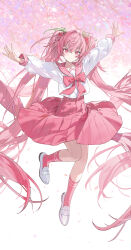 1girl absurdres ahoge blush bow bowtie cherry_blossoms cherry_hair_ornament closed_mouth collarbone commentary floral_print food-themed_hair_ornament full_body green_ribbon hair_between_eyes hair_intakes hair_ornament hair_ribbon hatsune_miku highres kieed loafers long_hair long_sleeves looking_at_viewer outstretched_arms pink_bow pink_bowtie pink_eyes pink_hair pink_sailor_collar pink_skirt pink_socks print_footwear ribbon sailor_collar sakura_miku school_uniform serafuku shirt shoes skirt sleeves_past_wrists smile socks solo spread_arms striped_bow striped_bowtie striped_clothes twintails very_long_hair vocaloid white_background white_footwear white_shirt 
