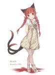  1girl alternate_costume animal_ears arms_behind_back bangs blunt_bangs blush bow braid cat_ears cat_tail contemporary dress extra_ears full_body head_tilt high_heels highres kaenbyou_rin legs_crossed long_hair looking_at_viewer multiple_tails nekomata pantyhose pointy_ears print_dress red_eyes redhead sheer_legwear shoes solo standing tail touhou toutenkou twin_braids twitter_username white_background white_dress white_shoes 