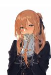  1girl black_ribbon blazer blush braid brown_hair commentary_request covering_face crying cuffs duoyuanjun eyebrows eyebrows_visible_through_hair girls_frontline gloves green_eyes hair_between_eyes hair_bun hair_ribbon happy happy_tears head_tilt highres holding holding_hair jacket long_hair long_sleeves looking_at_viewer m1903_springfield_(girls_frontline) nose_blush personification ribbon simple_background smile solo tears upper_body white_background white_gloves wrist_cuffs 
