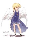  1girl absurdres alternate_costume angel_wings arms_behind_back blonde_hair blue_dress character_name contemporary dress full_body gengetsu highres jewelry necklace sandals short_hair short_sleeves simple_background smile solo text touhou touhou_(pc-98) toutenkou twitter_username white_background wings 