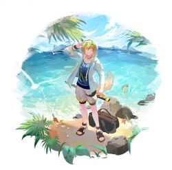  1boy absurdres adjusting_eyewear ahoge animal_ears anklet arknights bag ball beach beachball bird bird_wings black_footwear blonde_hair blue_eyes blue_sky blue_vest bracelet chinese_commentary clouds commentary_request dog_boy dog_ears dog_tags dog_tail duffel_bag eyewear_on_head green-tinted_eyewear grey_shorts hair_between_eyes hand_up highres holding holding_sword holding_weapon hood hood_up hooded_jacket island jacket jewelry leaf male_focus multiple_bracelets multiple_necklaces necklace palm_leaf palm_tree pocket sand sandals seagull shorts sky smile solo standing sunglasses sword tail teeth tequila_(arknights) thigh_strap three-quarter_sleeves tinted_eyewear tree vest water weapon wings zhengxuan79344 