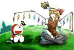  /\/\/\ 1boy 1girl :d ^_^ adapted_costume arm_garter bell black_legwear blonde_hair closed_eyes crossover crystal doraemon flandre_scarlet frilled_skirt frills full_body grass grin hat indian_style jingle_bell juliet_sleeves laughing long_sleeves manekinekoppoi_inu mini_dora mob_cap necktie open_mouth outdoors puffy_sleeves red_ribbon red_skirt red_vest ribbon scarlet_devil_mansion side_ponytail sitting skirt skirt_set smile thigh-highs touhou whiskers wings yellow_necktie 