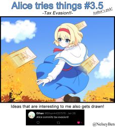  1girl alice_margatroid autumn_leaves blonde_hair blue_dress blue_eyes blush bnelsey boots brown_footwear capelet closed_mouth commentary day dodging dress english_commentary english_text hairband leaf long_sleeves outdoors red_hairband request_inset screenshot_inset solo touhou twitter_username white_capelet 