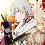  1672 1boy black_gloves flower gloves japanese_clothes male_focus partly_fingerless_gloves smile solo touken_ranbu tsurumaru_kuninaga white_hair yellow_eyes 