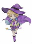  1girl bare_legs blonde_hair boots child fang full_body gloves hat mieux_vanilla necklace one_eye_closed open_mouth simple_background siyojin solo sugar_sugar_rune violet_eyes white_background witch witch_hat 