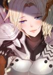  1boy 1girl 2016 armor blonde_hair blue_eyes blush bodysuit breasts close-up dated gloves high_ponytail large_breasts leafyanna light_smile lips long_hair looking_at_viewer mask mechanical_halo mercy_(overwatch) on_shoulder overwatch ponytail portrait reaper_(overwatch) signature wings 