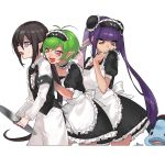  00s 2girls ahoge alala androgynous bangs black_hair blunt_bangs bowtie brown_eyes choker closed_mouth collared_shirt fan fang frills green_eyes lady_bat lanhua long_hair looking_at_another maid maid_headdress mermaid_melody_pichi_pichi_pitch multiple_girls open_mouth pink_eyes pointy_ears purple_hair short_hair simple_background sweatdrop tsurime violet_eyes white_background wntame 