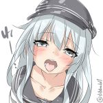  1girl bangs blue_eyes blue_hair breasts close-up collarbone downblouse ebifurya eyebrows eyebrows_visible_through_hair face flat_cap hair_between_eyes hat hibiki_(kantai_collection) highres kantai_collection long_hair looking_at_viewer open_mouth portrait school_uniform serafuku sidelocks simple_background small_breasts solo teeth tongue tongue_out twitter_username white_background 