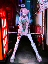  1girl absurdres afternooners boots commentary english_commentary full_body gradient_hair hair_over_one_eye highres knee_boots leg_tattoo legs_apart long_hair long_sleeves looking_at_viewer multicolored_hair neon_lights night original outdoors photo_background pink_hair pink_sweater purple_hair road sidelocks sign sitting solo street sweater tattoo twintails white_footwear 