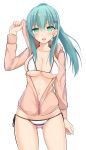  1girl alternate_costume aqua_eyes aqua_hair bikini bikini_under_clothes blush breasts cleavage commentary_request eyebrows hair_ornament hairclip hood hoodie jacket kantai_collection large_breasts long_hair looking_at_viewer micro_bikini navel open_mouth sideboob simple_background smile solo standing suzuya_(kantai_collection) swimsuit swimsuit_under_clothes takeyuu thighs under_boob white_background 