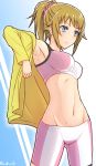  1girl armpits artist_name bike_shorts blue_eyes blush breasts brown_hair erect_nipples groin gundam gundam_build_fighters gundam_build_fighters_try highres hoshino_fumina jacket kanden_suki long_hair midriff navel ponytail scrunchie solo sports_bra standing sweat 