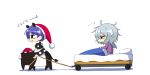  2girls bags_under_eyes bed blush_stickers chibi doremy_sweet hat kishin_sagume long_sleeves multiple_girls nightcap pajamas pom_pom_(clothes) pom_poms purple_hair shoes short_hair silver_hair single_wing sleeping socks tapir tapir_ears tapir_tail touhou twumi white_background wings 