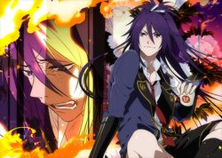  1672 1boy amazake_(drink) anime_coloring black_legwear fingerless_gloves fire flower fudou_yukimitsu gloves kneehighs male_focus multiple_views necktie ponytail purple_hair shorts sitting smile touken_ranbu violet_eyes 