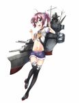  1girl aoba_(kantai_collection) black_legwear blue_eyes breasts kantai_collection messy_hair navel neckerchief open_mouth pink_hair ponytail rigging school_uniform scrunchie serafuku shorts solo standing standing_on_one_leg thigh-highs under_boob zero_(miraichizu) 