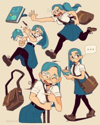  ... 1girl absurdres backpack bag blue_hair brown_footwear closed_eyes gaziter glasses highres multiple_views original pantyhose school_bag shirt shoulder_bag skirt spoken_ellipsis 