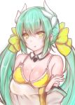  1girl :t aleixww alternate_costume aqua_eyes bare_shoulders bikini bikini_top blush breasts cleavage detached_collar detached_sleeves fate/grand_order fate_(series) green_hair horns kiyohime_(fate/grand_order) kiyohime_(swimsuit_lancer)_(fate) long_hair looking_at_viewer low_twintails medium_breasts pigtails simple_background solo swimsuit twintails upper_body white_background wide_sleeves yellow_eyes 