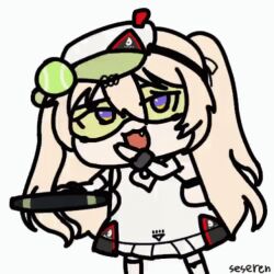 1girl animated_gif azur_lane bache_(azur_lane) bache_(showy_sports_star)_(azur_lane) bouncing fang long_hair looking_at_viewer open_mouth seseren taunting tennis_ball tennis_racket twintails visor