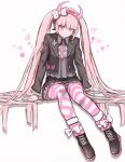  1girl blush bow dangan_ronpa fake_horns hair_bow hairband highres jugatukumao long_hair pink_eyes pink_hair simple_background sitting smile solo striped striped_legwear thigh-highs twintails utsugi_kotoko very_long_hair white_background zettai_zetsubou_shoujo 